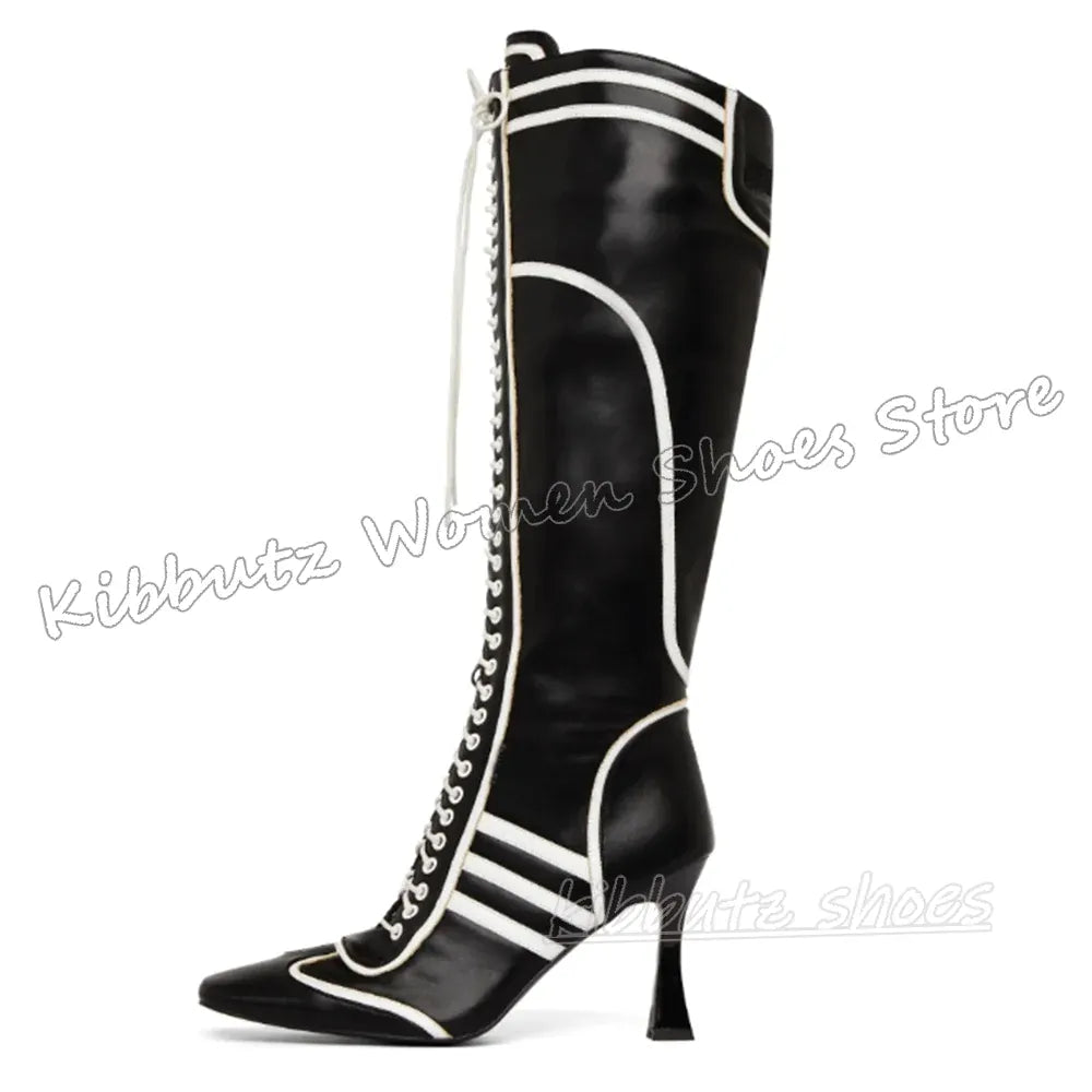 Sewing Knee High Boots Leather Lace-Up Patchwork Square Toe Kitten Heels Fashion Luxury Elegant Concise Sexy Women Shoes Newest
