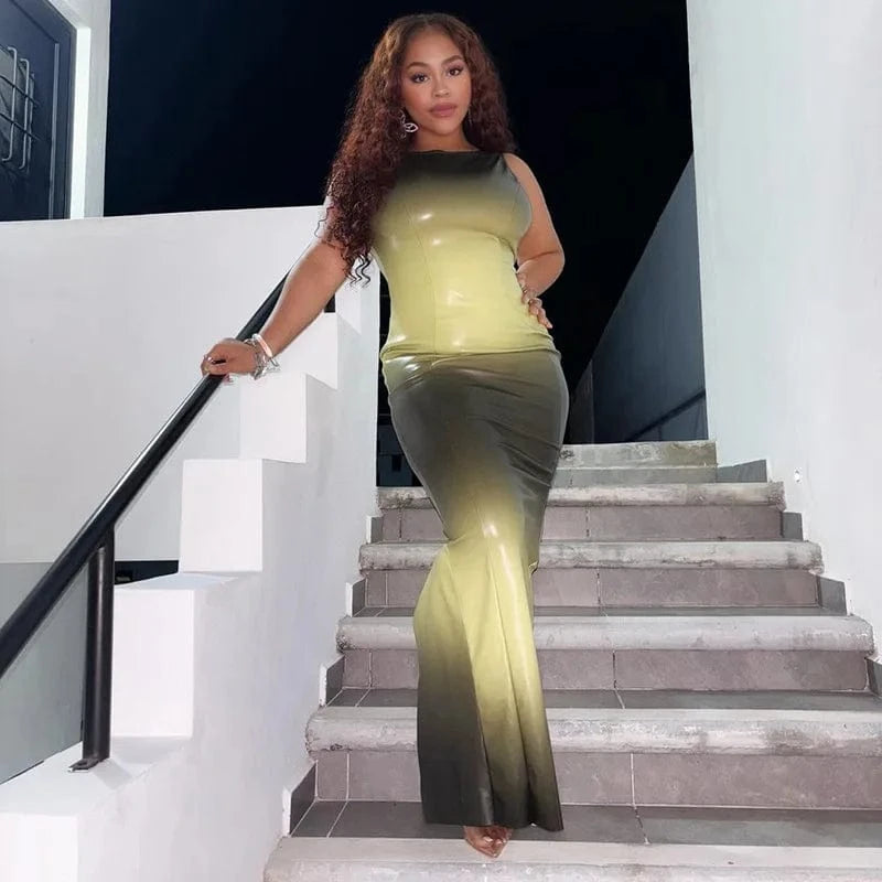 Sexy 2024 New Bump Color Print Sleeveless Crew Neck Maxi Dress Bodycon Sexy Backless Elegant Dress For Women