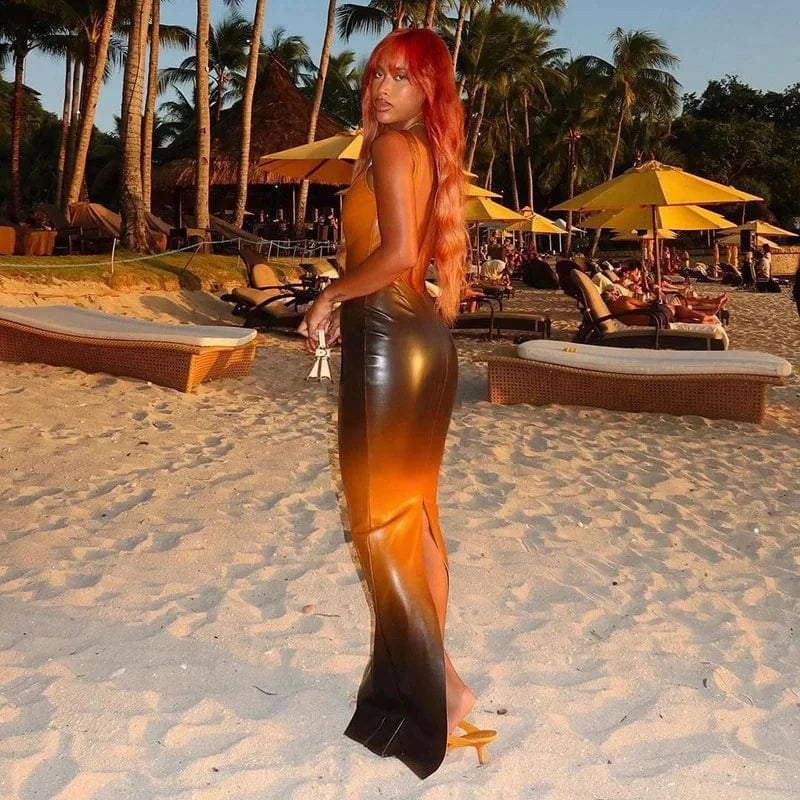 Sexy 2024 New Bump Color Print Sleeveless Crew Neck Maxi Dress Bodycon Sexy Backless Elegant Dress For Women