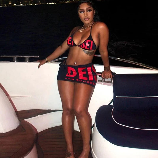 Sexy 3 Pcs Ladies Vacation BeachWear Bra Tops Briefs And Wrap Skirt Swimwear Outfit Summer Three Piece Print Lace Up Women's Set