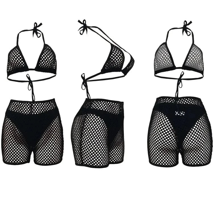 Sexy 3 Piece Bikinis Sets Women Halter Bandage Hollow Out Mesh Skirt Swimsuit 2024 Summer Bathing Suit