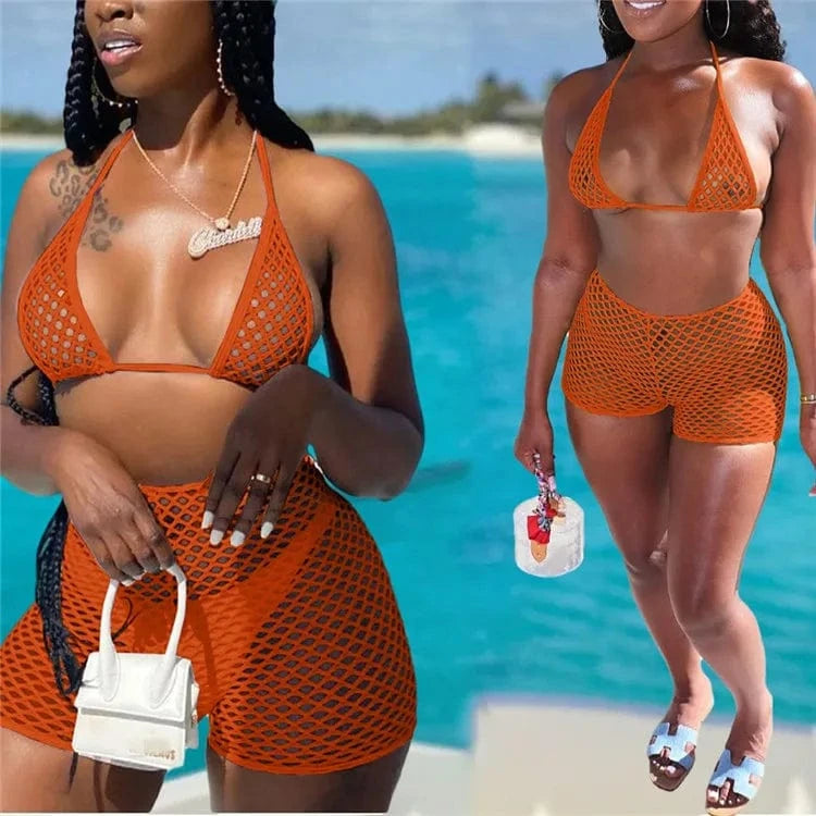 Sexy 3 Piece Bikinis Sets Women Halter Bandage Hollow Out Mesh Skirt Swimsuit 2024 Summer Bathing Suit