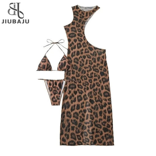 Sexy 3 Pieces Bikini Set 2024 Women Cut Out Side Cover Up Dress Leopard Swimsuit Lace Up Triangle Swimwear Female Swimming Suit