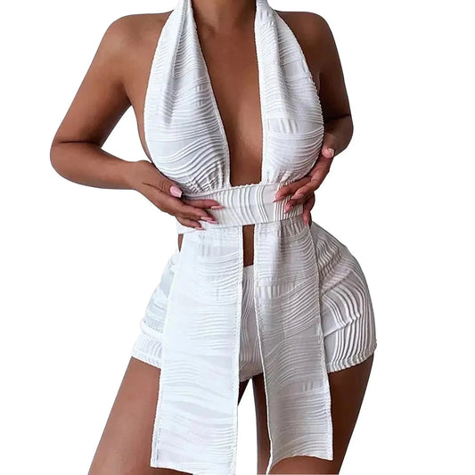 Sexy Backless Summer Solid Vest Women Sets Hollow out Shorts Two piece Set Fashion Women Summer Clothes