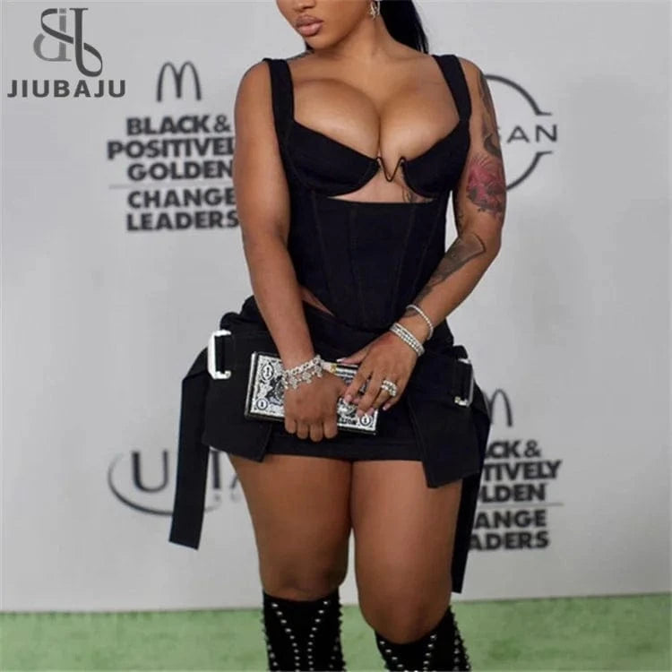 Sexy Black Bodycon 2 Two Piece Skirt Sets Night Club Outfits For Women 2024 Spring Hollow Out Tank Tops Mini Skirt Sets