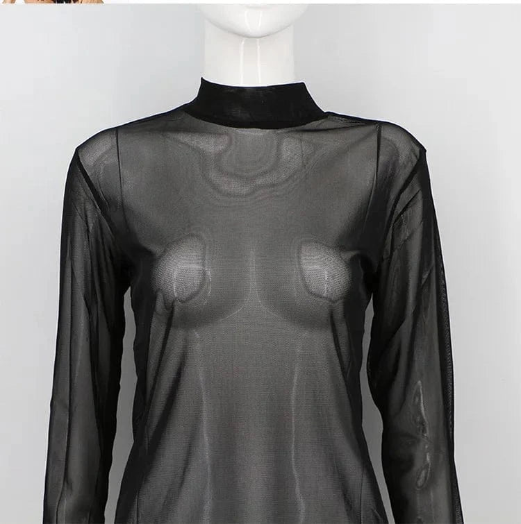 Sexy Black Punk Club Streetwear Women T Shirt See Through Transparent Mesh Tops Long Sleeve Sheer Slim Ladies Turtleneck T-Shirt