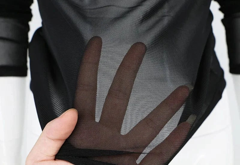 Sexy Black Punk Club Streetwear Women T Shirt See Through Transparent Mesh Tops Long Sleeve Sheer Slim Ladies Turtleneck T-Shirt