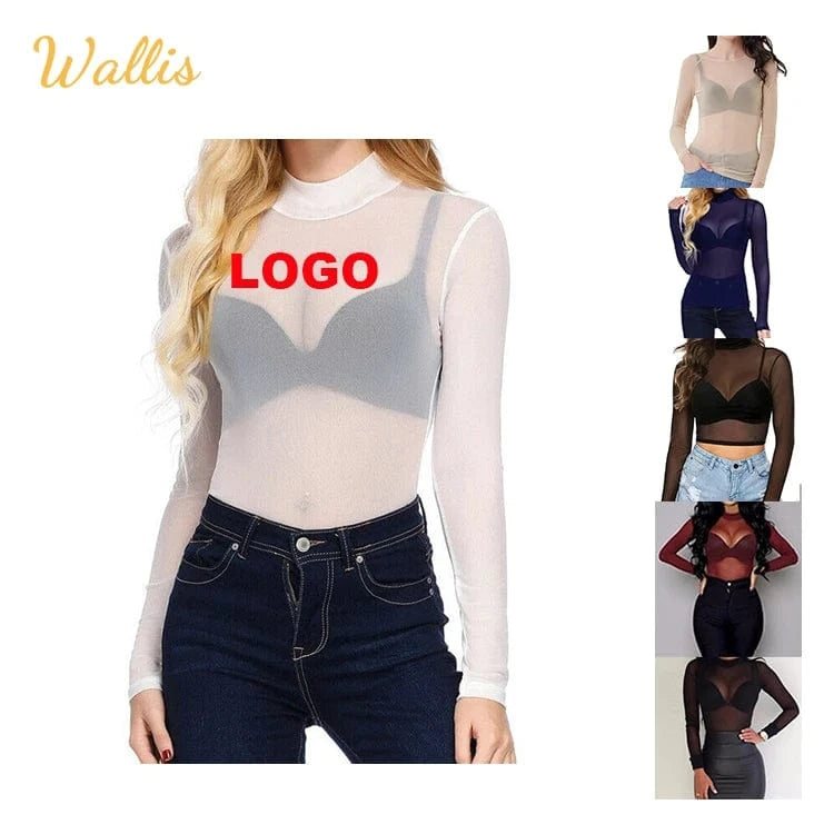 Sexy Black Punk Club Streetwear Women T Shirt See Through Transparent Mesh Tops Long Sleeve Sheer Slim Ladies Turtleneck T-Shirt
