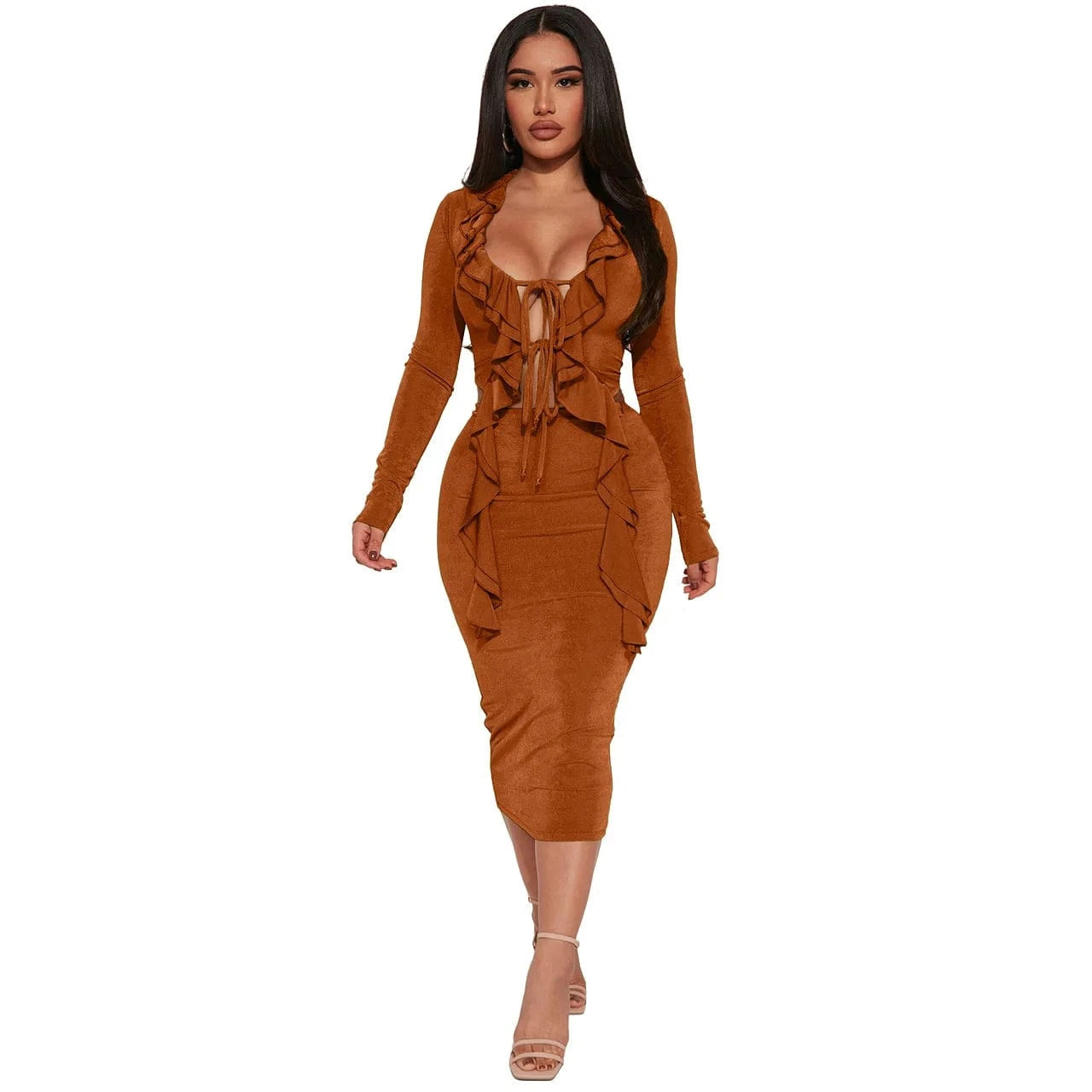 Sexy Bodycon Ladies Two Piece Skirt Outfit Long Sleeve 2 Piece Midi Skirt And Ruffle Lace Up Top Suit Set For Women