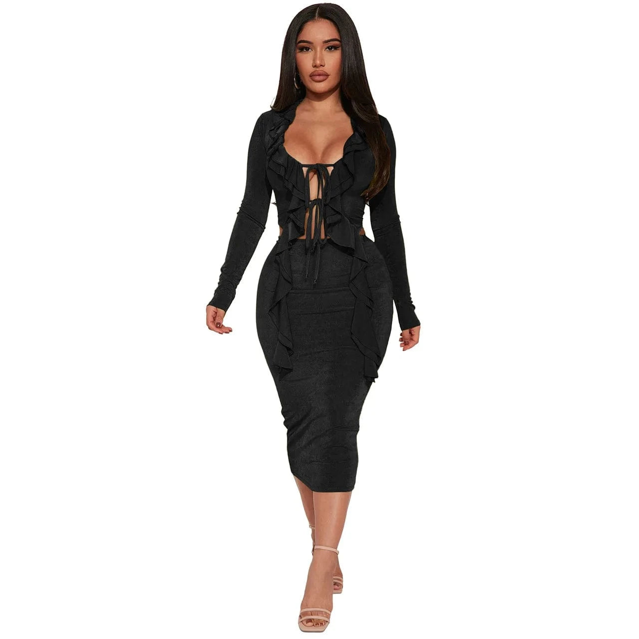 Sexy Bodycon Ladies Two Piece Skirt Outfit Long Sleeve 2 Piece Midi Skirt And Ruffle Lace Up Top Suit Set For Women