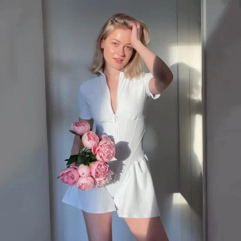 Sexy Bodycon Playsuit Women Jumpsuit O Neck Short Sleeve Zipper Bodysuit Female Elegant Slim Playsuits Rompers Sport Clothes