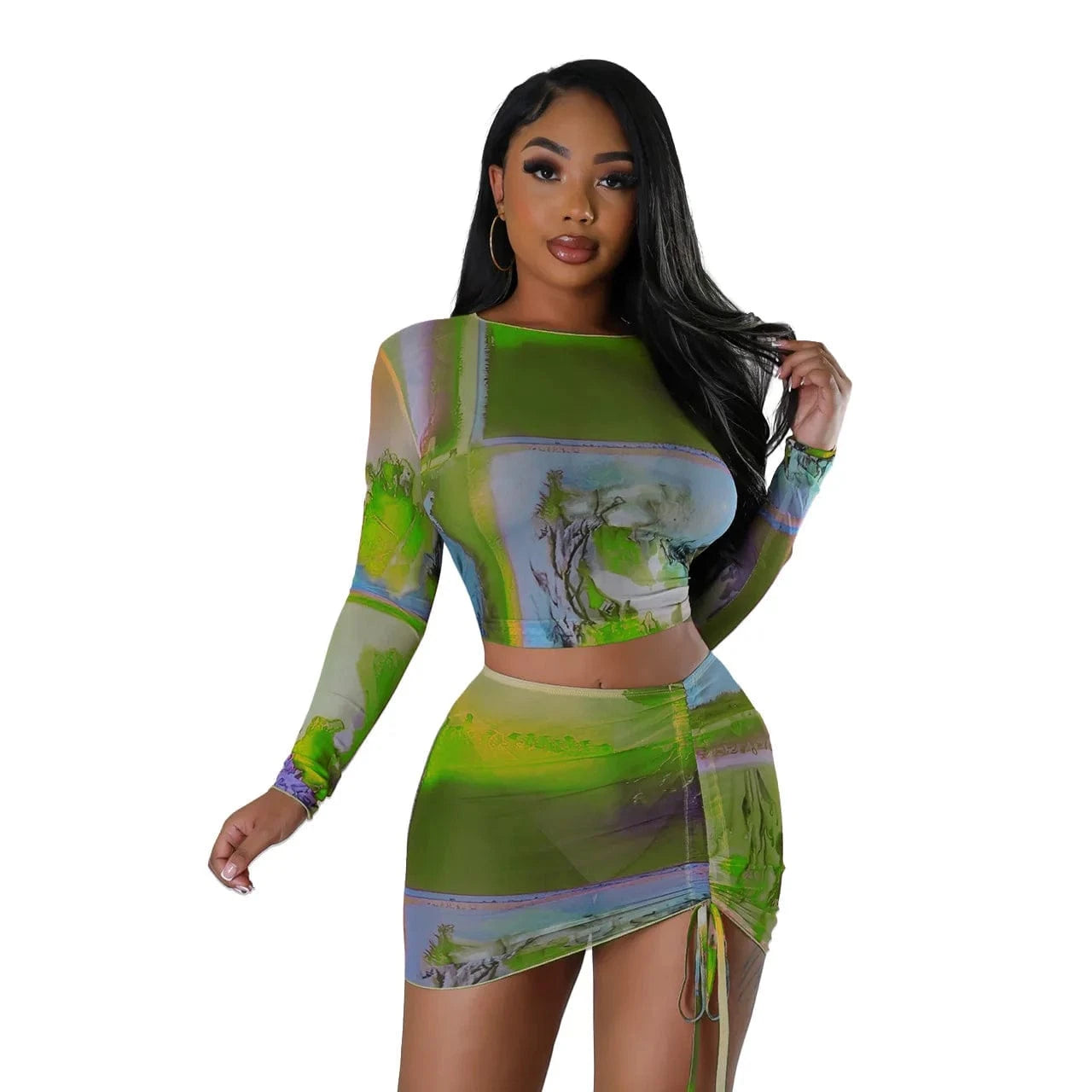 Sexy Bodycon Print Ladies Mesh Two Piece Skirt Outfit Long Sleeve 2Piece Short Skirt And Crop Ruffle Top Suit Set For Women