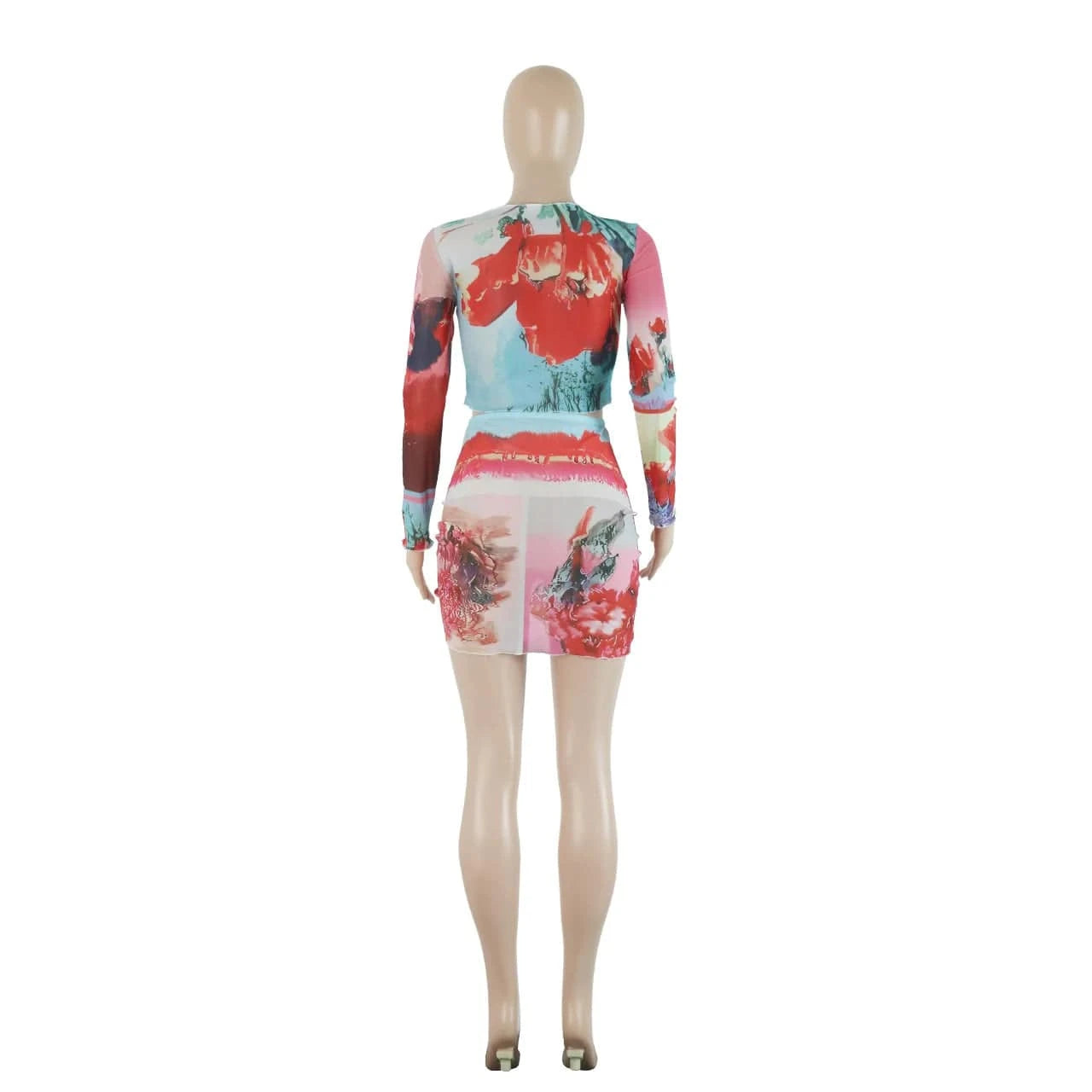 Sexy Bodycon Print Ladies Mesh Two Piece Skirt Outfit Long Sleeve 2Piece Short Skirt And Crop Ruffle Top Suit Set For Women