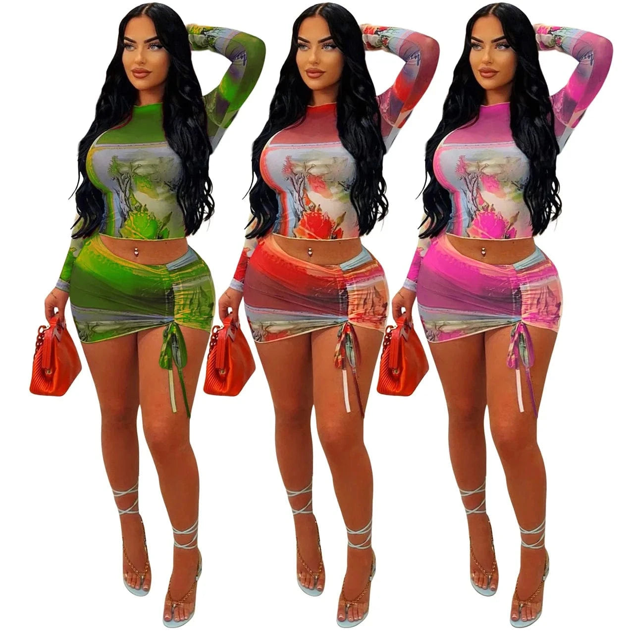 Sexy Bodycon Print Ladies Mesh Two Piece Skirt Outfit Long Sleeve 2Piece Short Skirt And Crop Ruffle Top Suit Set For Women