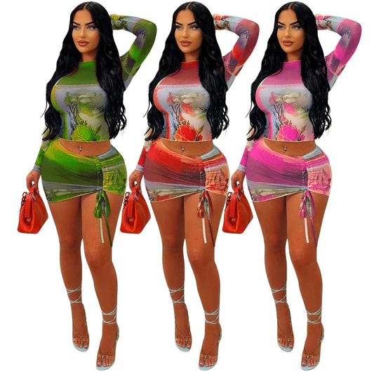 Sexy Bodycon Print Ladies Mesh Two Piece Skirt Outfit Long Sleeve 2Piece Short Skirt And Crop Ruffle Top Suit Set For Women