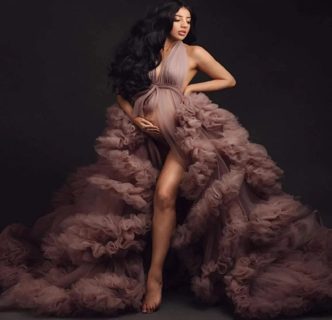 Sexy Bride Long Pregnancy Tulle Ruffled party Robe Nightgown Wedding Robe Multi Color Maternity Robe Photo Shoot Dress