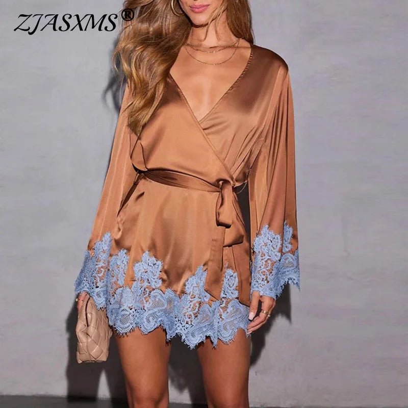 Sexy Chic Brown Lace Satin Womens Dress Spring Deep V Neck Hollow Mini Dress Autumn Long Sleeve Sashes Homewear Night Gown Mujer - SN Wigs & More