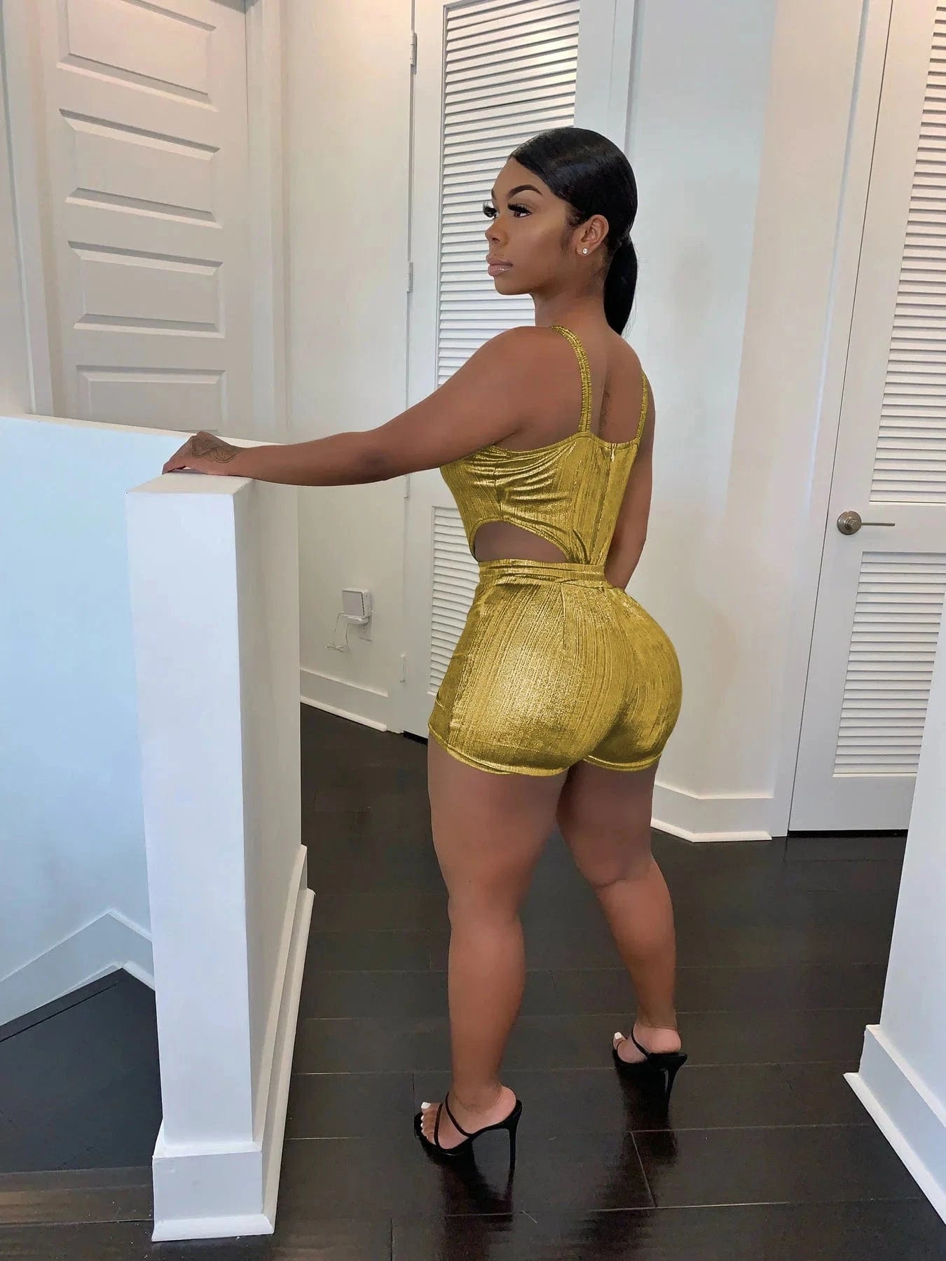 Sexy Club Bodysuit 2 Piece Shorts Set  for Women Outfits Summer Womens Sets Halter Hollow out Short Two Pieces Set