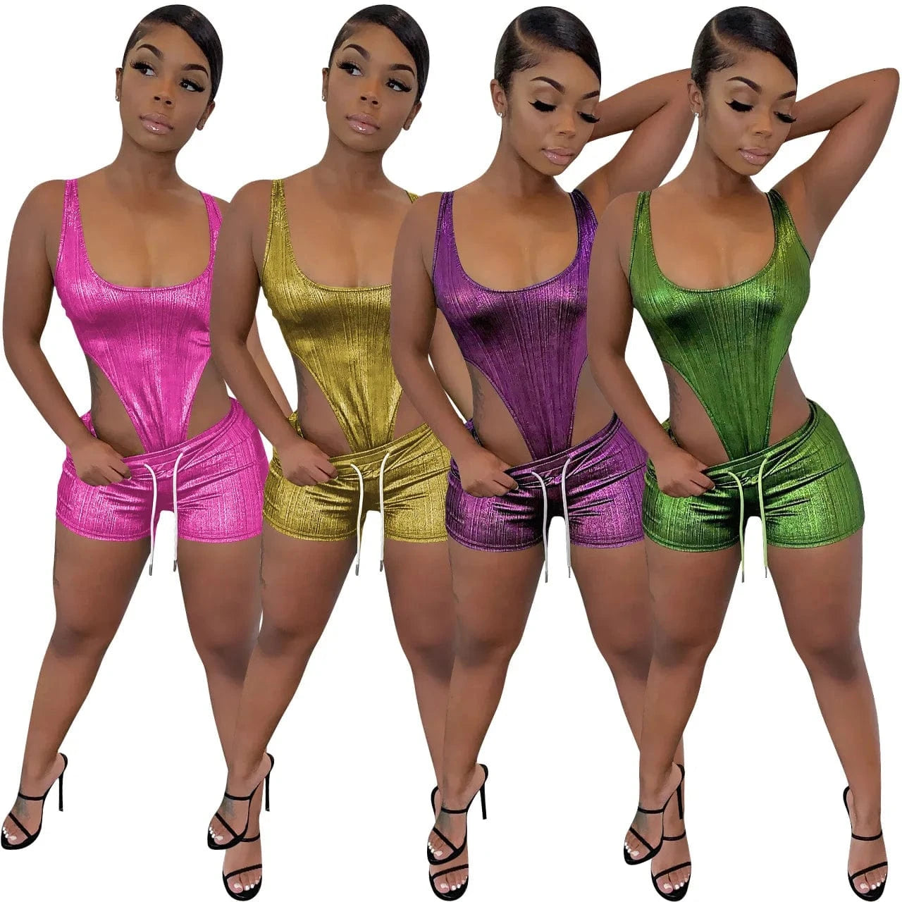 Sexy Club Bodysuit 2 Piece Shorts Set  for Women Outfits Summer Womens Sets Halter Hollow out Short Two Pieces Set