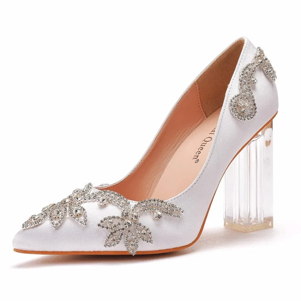 Sexy Crystal Transparent Square Heel with 9.5CM Block Heel Women Silks Rhinestone Wedding Dress Heel Sandals