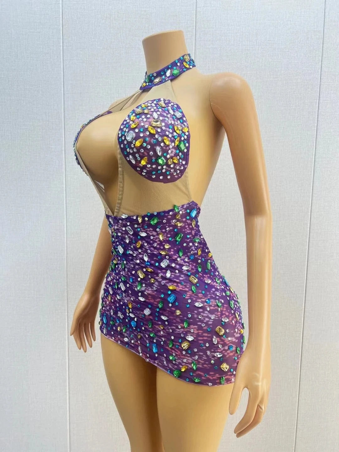 Sexy Cut Out Birthday Sequin Crystal Cocktail Dress Stripper Dancewear Backless Mini Night Club Dress Women Bodycon Party Dress