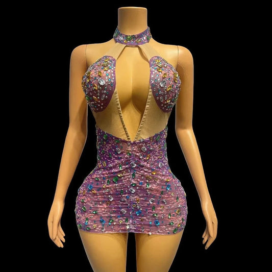 Sexy Cut Out Birthday Sequin Crystal Cocktail Dress Stripper Dancewear Backless Mini Night Club Dress Women Bodycon Party Dress