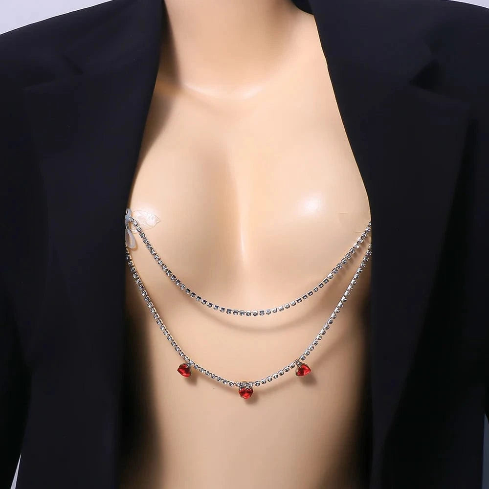 Sexy Double Layer Red Heart Rhinestone Body Chain Jewelry For Women Nightclub Party Crystal Bra Chest Chain Wholesale