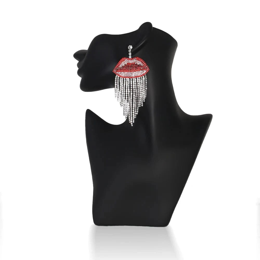 Sexy Full Rhinestone Piercing Tassel Red Lip Earrings Jewelry For Women Exaggerated Party Gift Crystal Earrings Wholesale