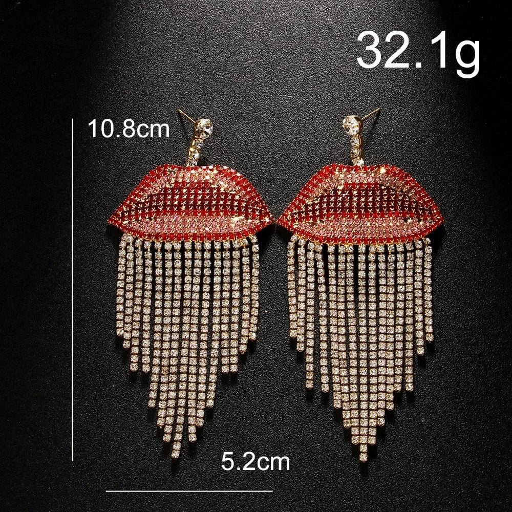 Sexy Full Rhinestone Piercing Tassel Red Lip Earrings Jewelry For Women Exaggerated Party Gift Crystal Earrings Wholesale