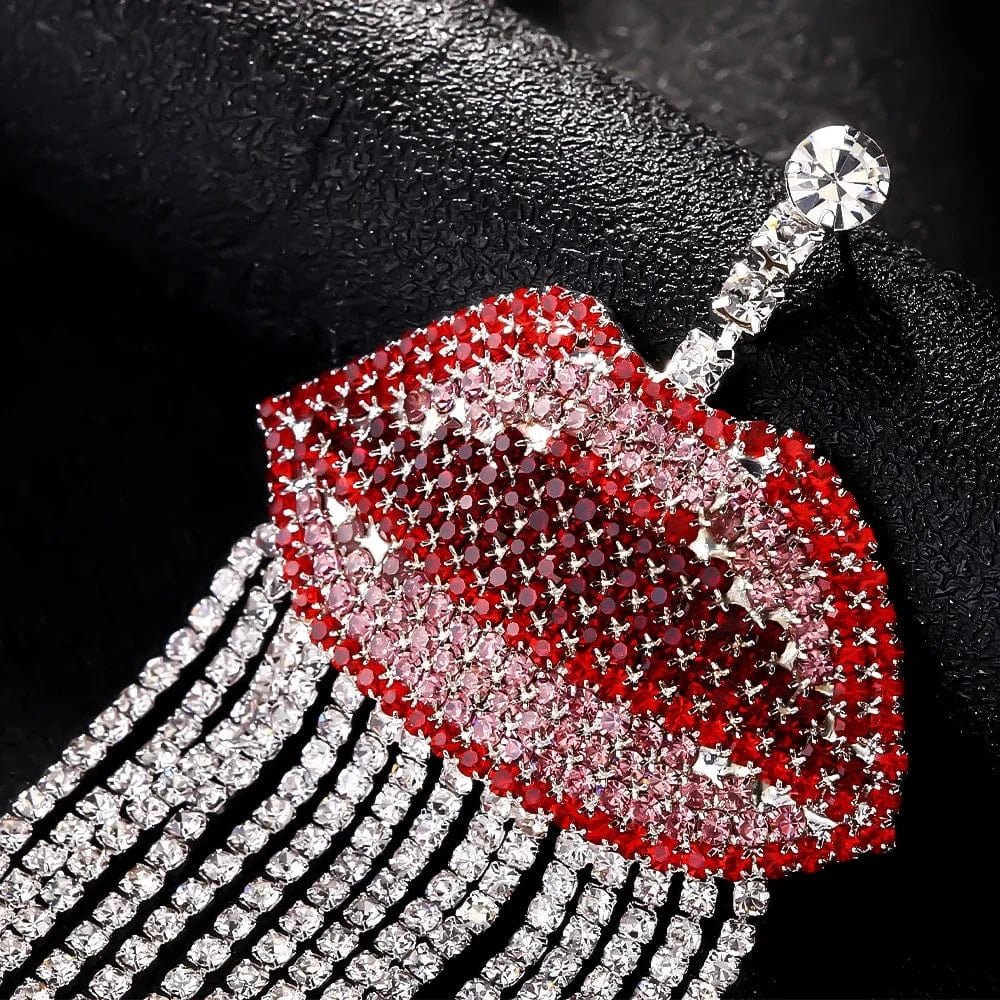 Sexy Full Rhinestone Piercing Tassel Red Lip Earrings Jewelry For Women Exaggerated Party Gift Crystal Earrings Wholesale