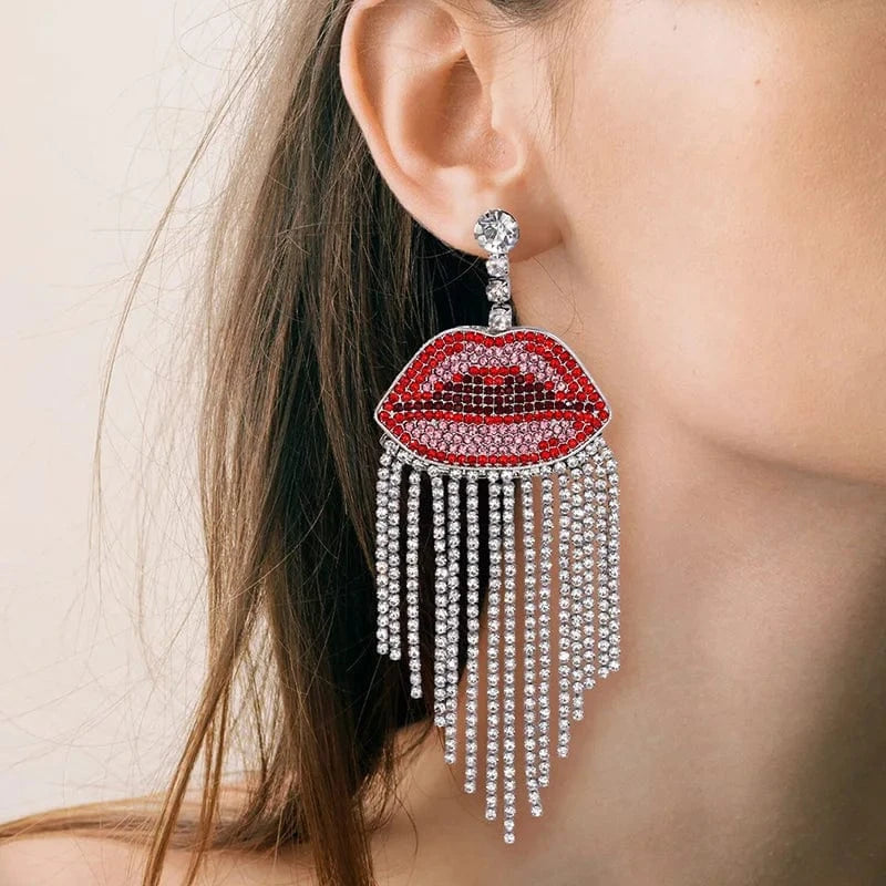 Sexy Full Rhinestone Piercing Tassel Red Lip Earrings Jewelry For Women Exaggerated Party Gift Crystal Earrings Wholesale