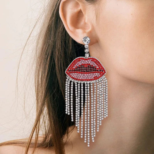 Sexy Full Rhinestone Piercing Tassel Red Lip Earrings Jewelry For Women Exaggerated Party Gift Crystal Earrings Wholesale