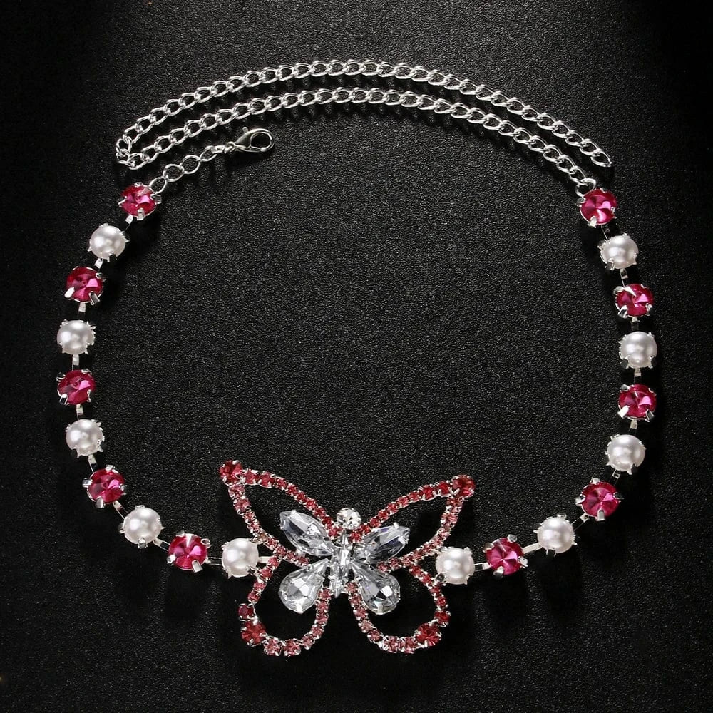 Sexy / Gold StoneFans Fashion Butterfly Pink And White Rhinestone Thigh Chain Jewelry For Women Sexy Adjustable Party Body Chain Accessories