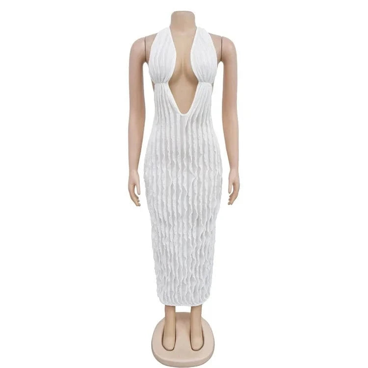 Sexy Halter Deep V Neck Backless Ruffles Dress Women Sleeveless Slim Evening Club Party Elegant Long Dresses