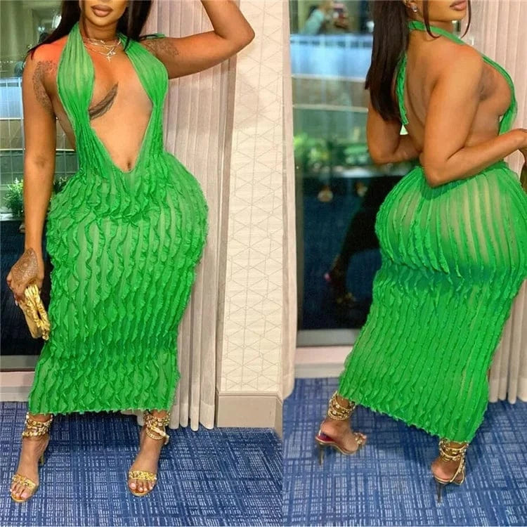 Sexy Halter Deep V Neck Backless Ruffles Dress Women Sleeveless Slim Evening Club Party Elegant Long Dresses