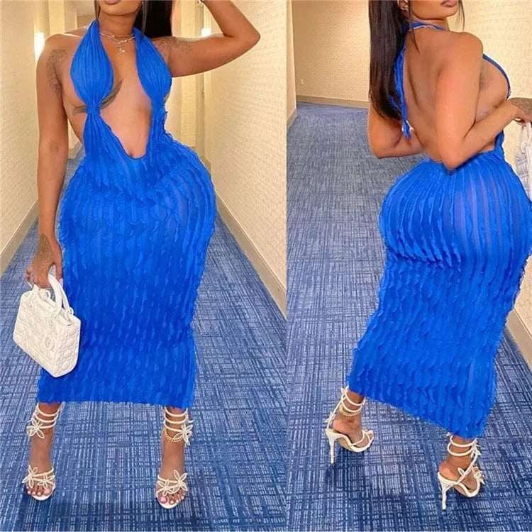 Sexy Halter Deep V Neck Backless Ruffles Dress Women Sleeveless Slim Evening Club Party Elegant Long Dresses