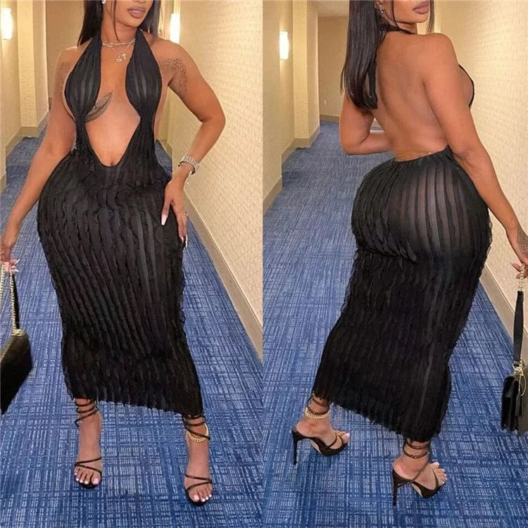 Sexy Halter Deep V Neck Backless Ruffles Dress Women Sleeveless Slim Evening Club Party Elegant Long Dresses