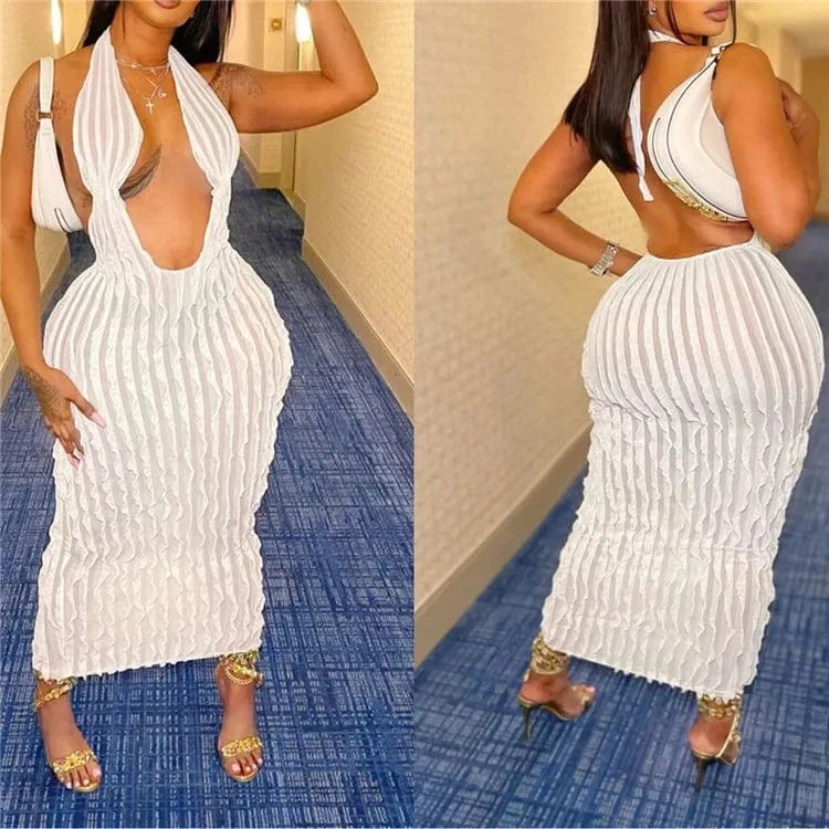 Sexy Halter Deep V Neck Backless Ruffles Dress Women Sleeveless Slim Evening Club Party Elegant Long Dresses