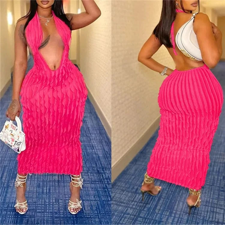 Sexy Halter Deep V Neck Backless Ruffles Dress Women Sleeveless Slim Evening Club Party Elegant Long Dresses