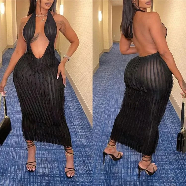 Sexy Halter Deep V Neck Backless Ruffles Dress Women Sleeveless Slim Evening Club Party Elegant Long Dresses