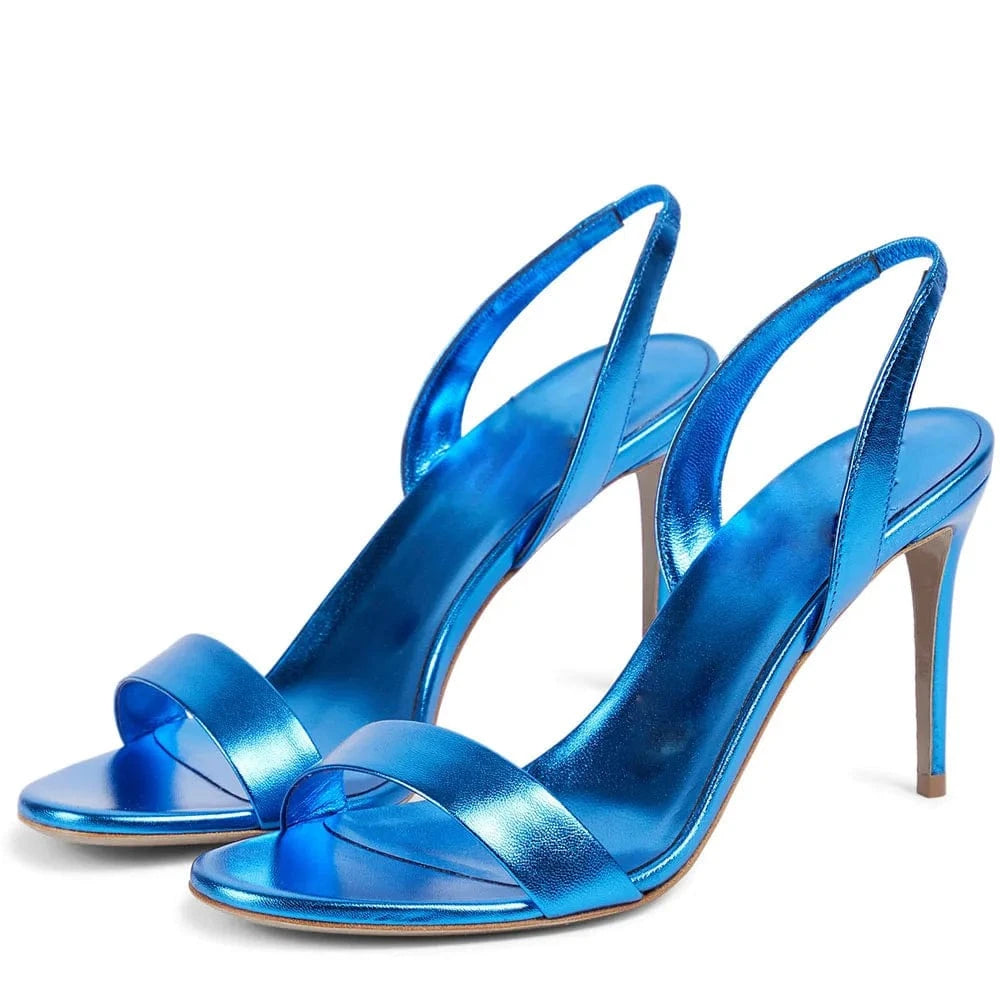 Sexy High Heel Sandals For Women Round Toe Open Toe Slingback Shiny Blue Summer Stilettos