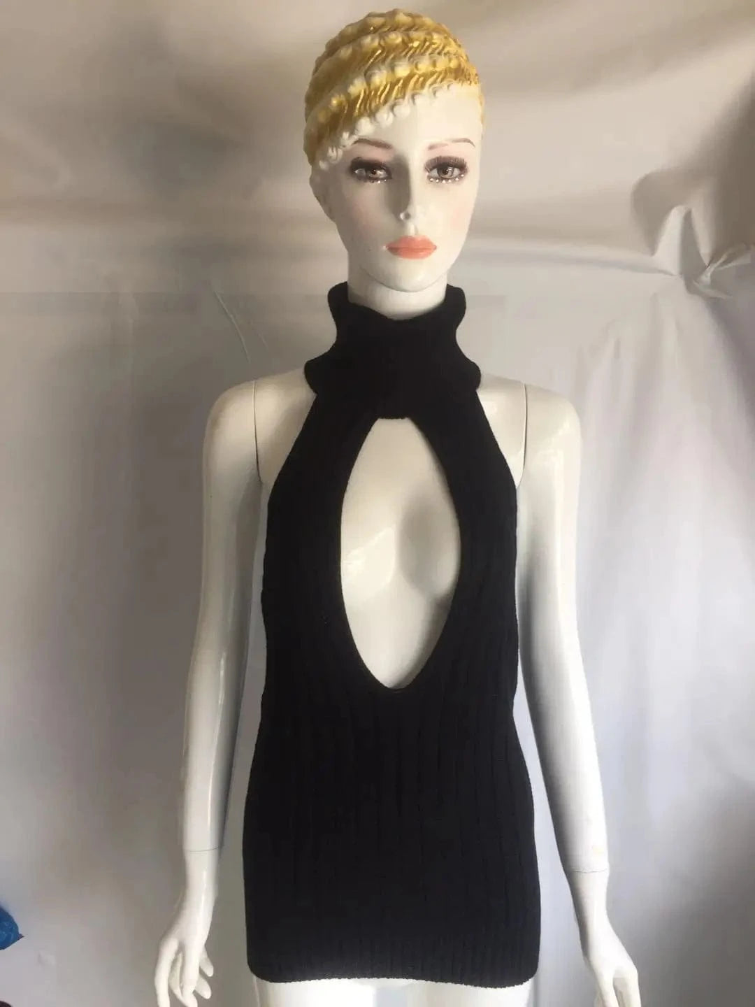 Sexy Hollow High Collar Knitted Dresses Women Casual Backless Mini Girl Dresses 2024