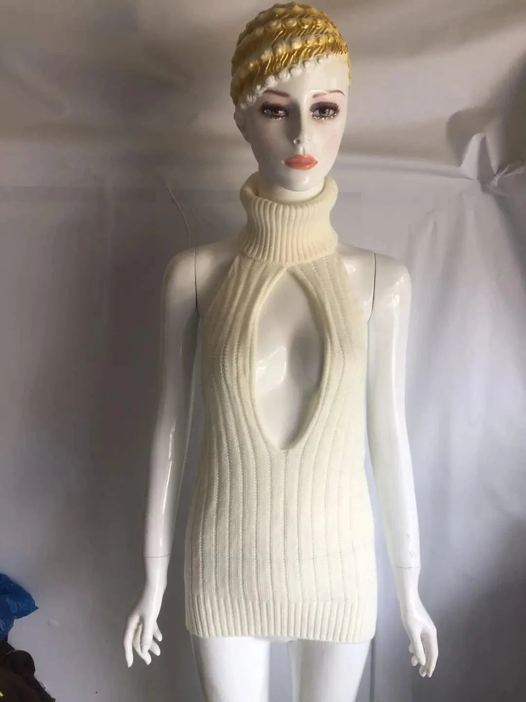 Sexy Hollow High Collar Knitted Dresses Women Casual Backless Mini Girl Dresses 2024