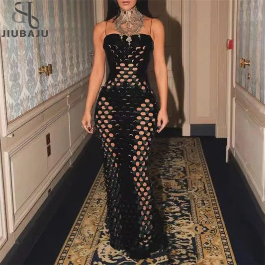 Sexy Hollow Out Long Dress Women Fashion Spaghetti Strap Velvet Slim Club Party Dresses Summer See Through Night Outfits