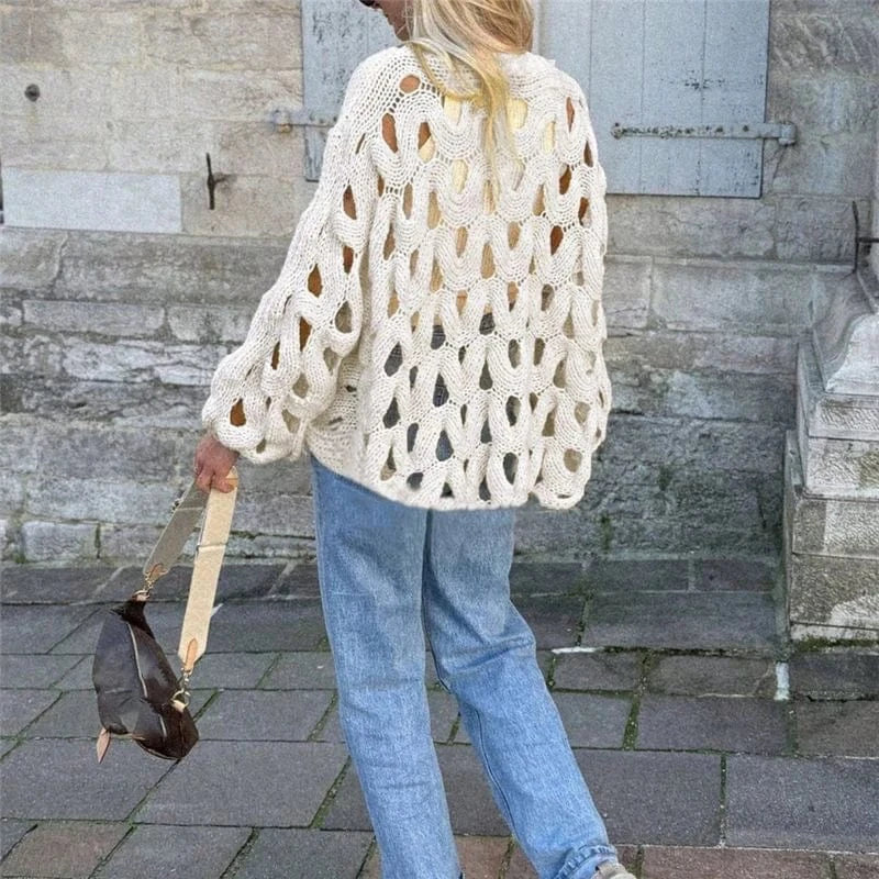 Sexy Hollow Out Long Sleeved Knitted Sweater Summer Beach O-neck Crochet Pullover Casual Solid Color Women's Loose Top Blouses
