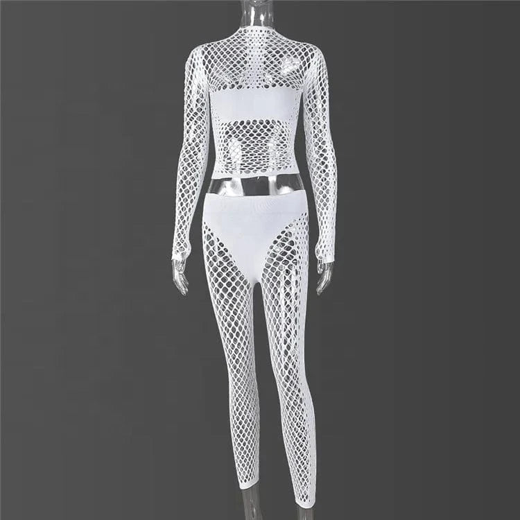 Sexy Hollow Out Two Piece Sets Night Club Outfits For Women 2024 Spring Long Sleeve See Through Crop Top Pants Sets