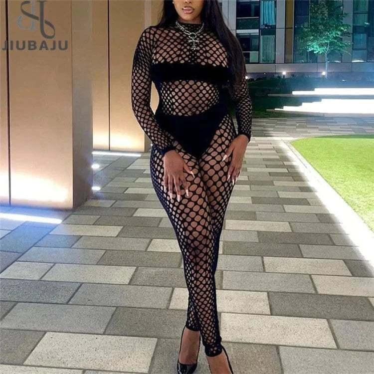 Sexy Hollow Out Two Piece Sets Night Club Outfits For Women 2024 Spring Long Sleeve See Through Crop Top Pants Sets