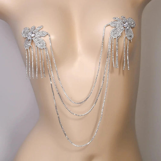 Sexy Irregular Tassel Flower Rhinestone Bra Chain Body Jewelry For Women Bikini Party Chest Body Chain Wholesale