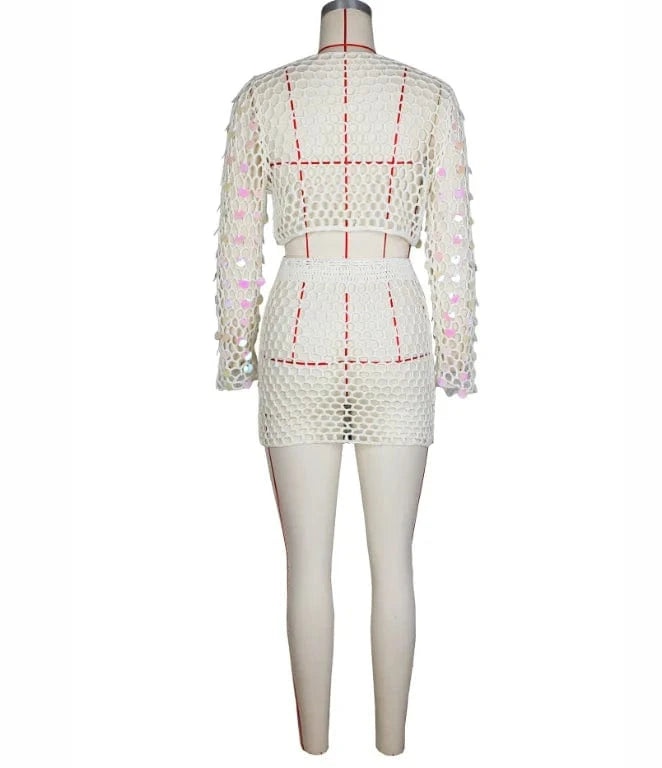 Sexy Knitted Mini Skirt Outfits Summer 2024 Long Sleeve Crop Top Skirt Suits Women Chic Crochet Sequin Two Piece Beach Skirt Set