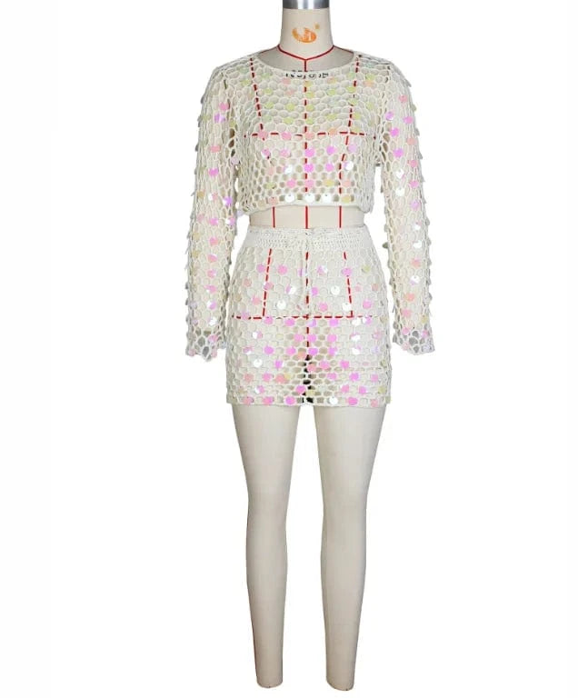 Sexy Knitted Mini Skirt Outfits Summer 2024 Long Sleeve Crop Top Skirt Suits Women Chic Crochet Sequin Two Piece Beach Skirt Set